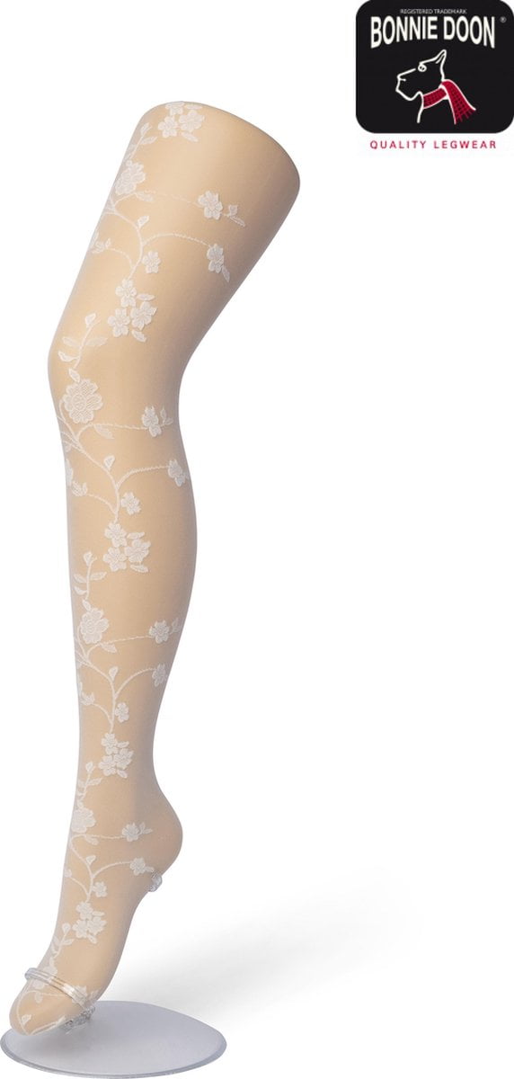 Bonnie Doon Dames Bloemen Panty 20 Denier Off White maat S/M - Chique Panty - Gebloemd Dessin - Brede Boord - Comfort - Bloemenprint - Bloem - Bloom Tights - Feestelijk - Gebroken Wit - Ecru - Crème - Ivory - BP201908.2 (8717394440450)