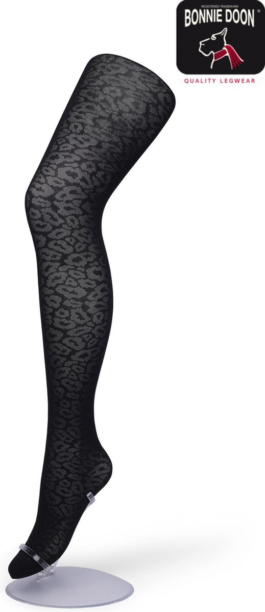 Bonnie Doon Dames Panterprint Panty 40 Denier Zwart maat L/XL - Chique Panty - Leopard Dessin - Brede Boord - Comfort - Panter Print - Dieren Print - Panther Texture Tights - Feestelijk - Black - BP211909.1 (8717394456413)