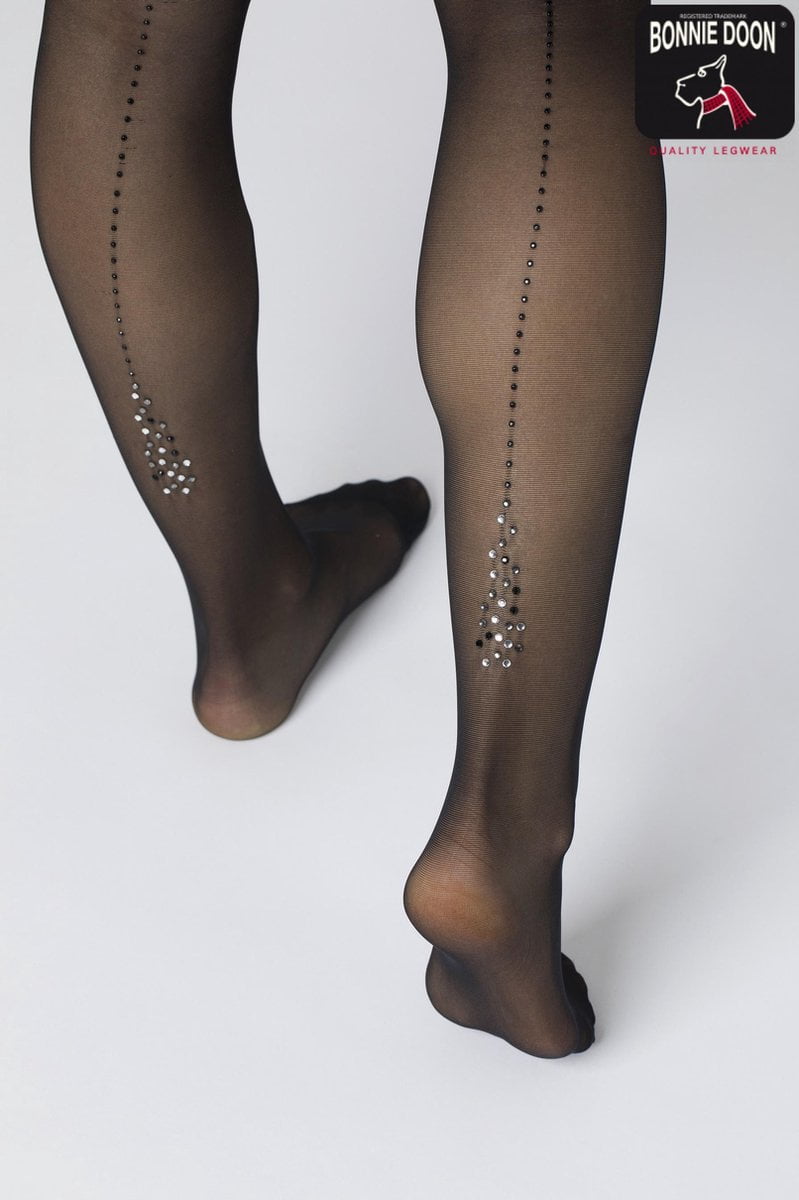 Bonnie Doon Dames Panty 30 Denier met Strass Steentjes Zwart maat L/XL - Chique Panty - Glimmende Steentjes - Brede Boord - Comfort - Strass Detail Tights - Feestelijk - Black - BP201902.1 (8717394441129)