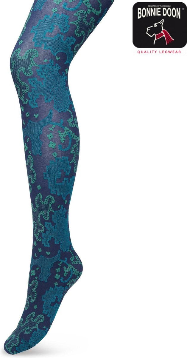 Bonnie Doon Grafische Panty 60 Denier Donker Blauw Dames maat L/XL - Grafische Print - Gladde Naden - Maximaal Draagcomfort - Ornament Tights - Chique Panty - Feestelijk - Donkerblauw - Navy - BP221909.5 (8717394472253)