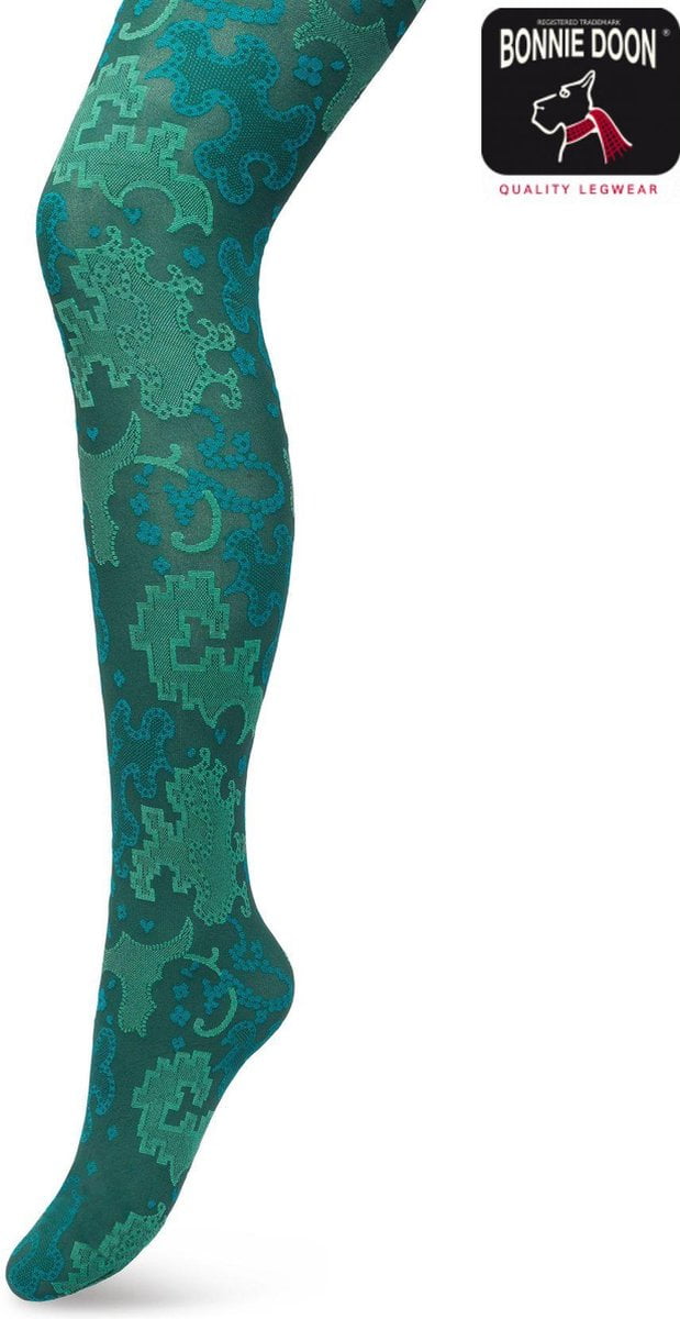 Bonnie Doon Grafische Panty 60 Denier Donker Groen Dames maat L/XL - Grafische Print - Gladde Naden - Maximaal Draagcomfort - Ornament Tights - Chique Panty - Feestelijk - Donkergroen - Trekking Green - BP221909.7 (8717394472277)