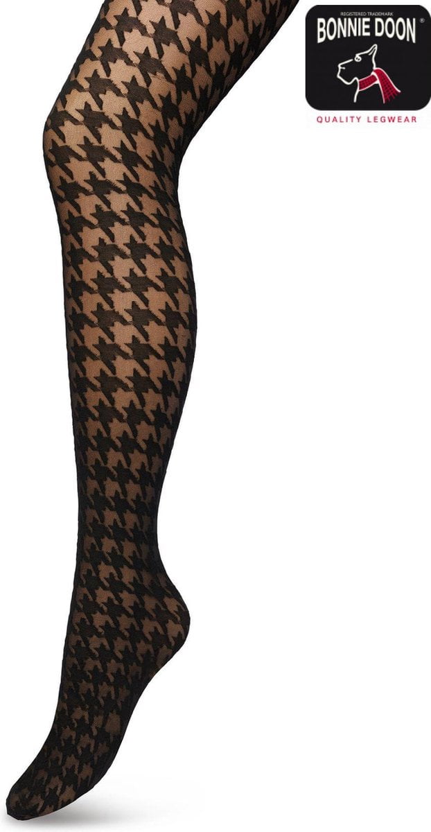 Bonnie Doon Houndstooth Panty 50 Denier Zwart Dames maat L/XL - Pied de Poule - Print - Gladde Naden - Maximaal Draagcomfort - Houndstooth Tights - Chique Panty - Feestelijk - Black - BP221903.1 (8717394471850)