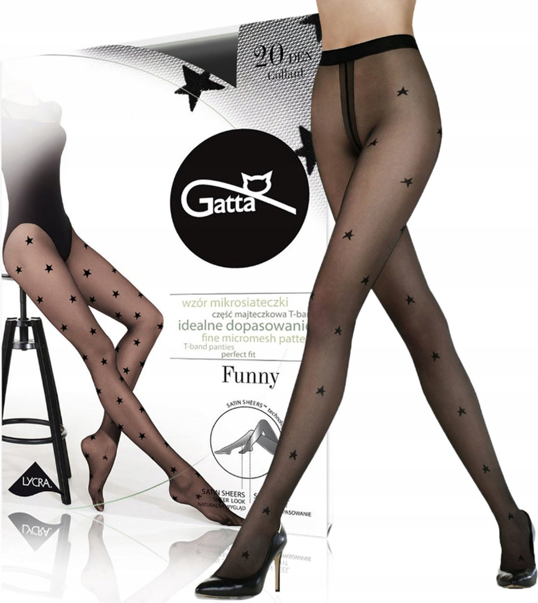 Gatta - Panty Dames - Maat L ( 1 stuks ) - Vrouwen Panty met Sterren patroon - 20 Den - Panty maillot Dames - Zwart (8721249201189)