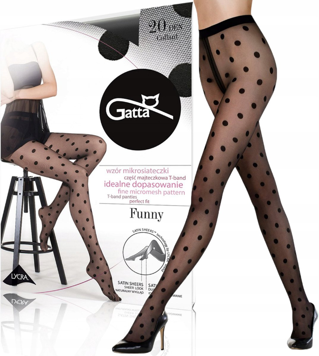 Gatta - Panty Dames - Maat L ( 1 stuks ) - Vrouwen Panty met stippen patroon - 20 Den - Panty maillot Dames - Zwart (8721008929927)