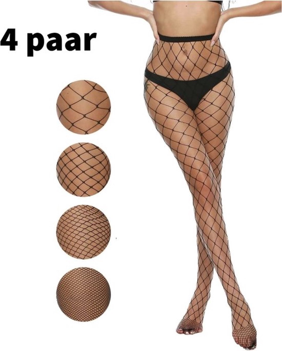 4 stuks visnet panty zwart - UNISIZE | Stevige visgraat pantys | Netpanty | Visnetpanty (5430003871072)