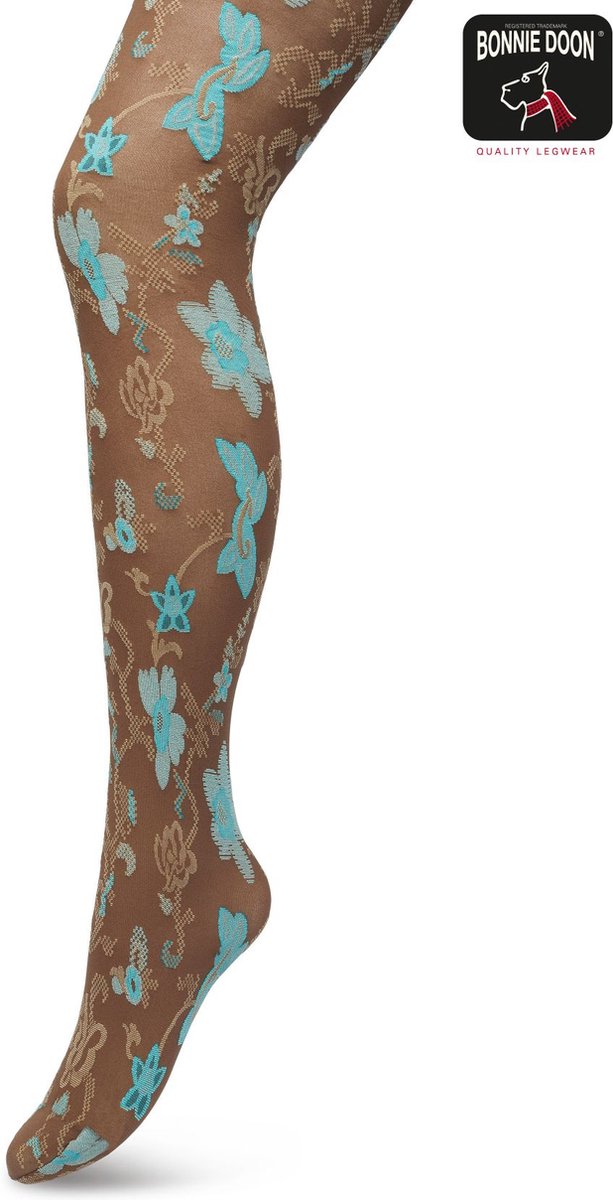 Bonnie Doon Bloemen Panty 60 Denier Bruin Dames maat L/XL- Bloemenprint - Gebloemd - Print - Gladde Naden - Maximaal Draagcomfort - Floral Ornament Tights - Chique Panty - Feestelijk - Bruin/Blauw - Bracken - BP221905.158 (8717394472192)