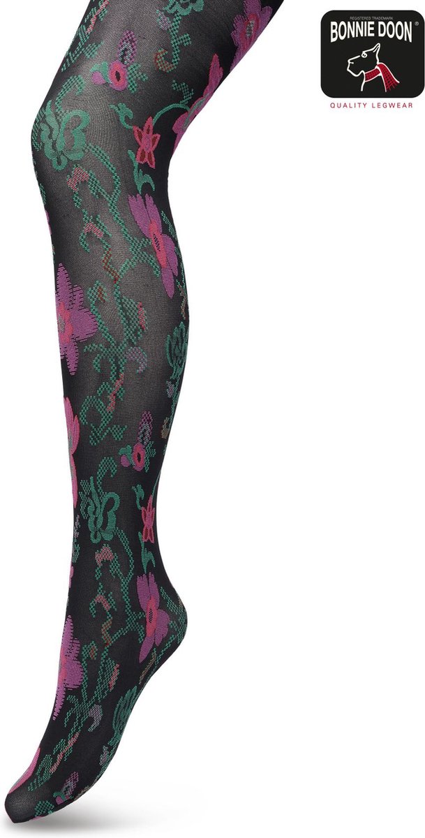 Bonnie Doon Bloemen Panty 60 Denier Zwart Dames maat S/M - Bloemenprint - Gebloemd - Print - Gladde Naden - Maximaal Draagcomfort - Floral Ornament Tights - Chique Panty - Feestelijk - Black - BP221905.101 (8717394472086)