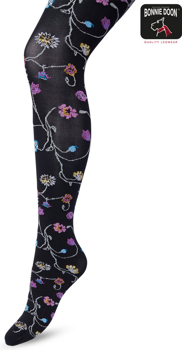 Bonnie Doon Bloemen Panty 80 Denier Zwart Dames maat L/XL - Bloemen Print - Gladde Naden - Maximaal Draagcomfort - Floral Tights - Chique Panty - Feestelijk - Gebloemd - Kleurrijk - Bloemenprint - Black - BP221906.101 (8717394466221)