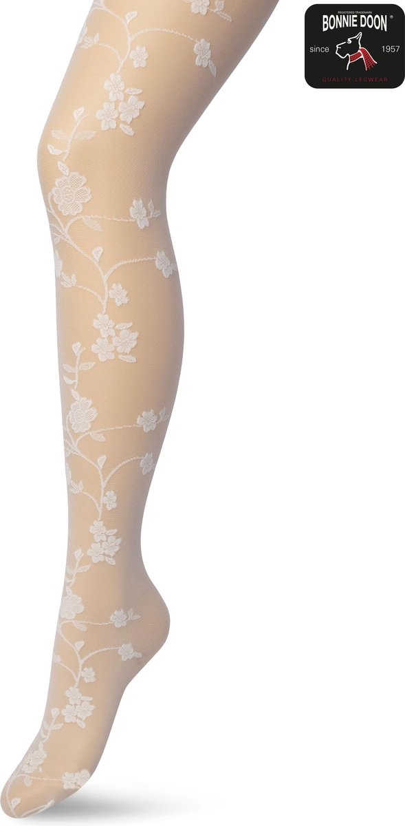 Bonnie Doon Dames Bloemen Panty 20 Denier Off White maat L/XL - Chique Panty - Gebloemd Dessin - Brede Boord - Comfort - Bloemenprint - Bloem - Bloom Tights - Feestelijk - Gebroken Wit - Ecru - Crème - Ivory - BP201908.250 (8717394440467)