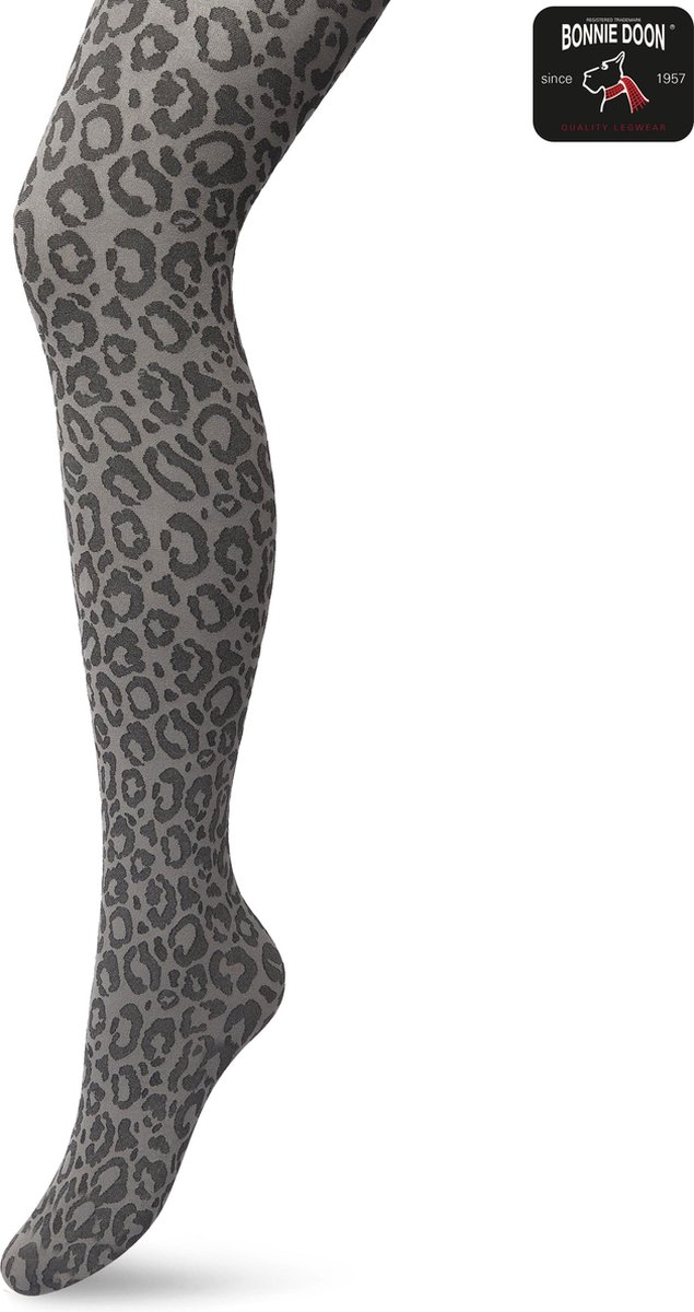 Bonnie Doon Dames Panterprint Panty 100 Denier Grijs maat S/M - Chique Panty - Leopard Dessin - Brede Boord - Comfort - Panter Print - Jaguar - Dieren Print - Jaguar Tights - Feestelijk - Grey - BP211904.235 (8717394456086)