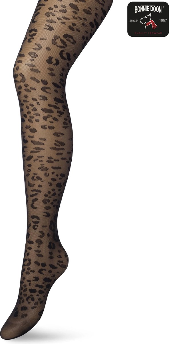 Bonnie Doon Dames Panterprint Panty 20 Denier Zwart maat S/M - Chique Panty - Leopard Dessin - Brede Boord - Comfort - Panter Print - Dieren Print - Panther Tights - Feestelijk - Black - BP201909.101 (8717394440474)