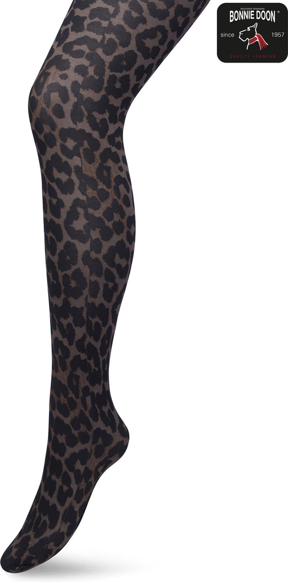 Bonnie Doon Dames Panterprint Panty 50 Denier Bruin maat S/M - Chique Panty - Leopard Dessin - Brede Boord - Comfort - Panter Print - Jaguar - Dieren Print - Jaguar Tights - Feestelijk - Brown - BP211905.161 (8717394456123)