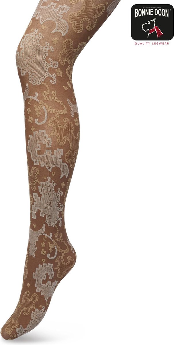 Bonnie Doon Grafische Panty 60 Denier Bruin Dames maat S/M - Grafische Print - Gladde Naden - Maximaal Draagcomfort - Ornament Tights - Chique Panty - Feestelijk - Donker Bruin - Donkerbruin - Bracken - BP221909.158 (8717394472307)