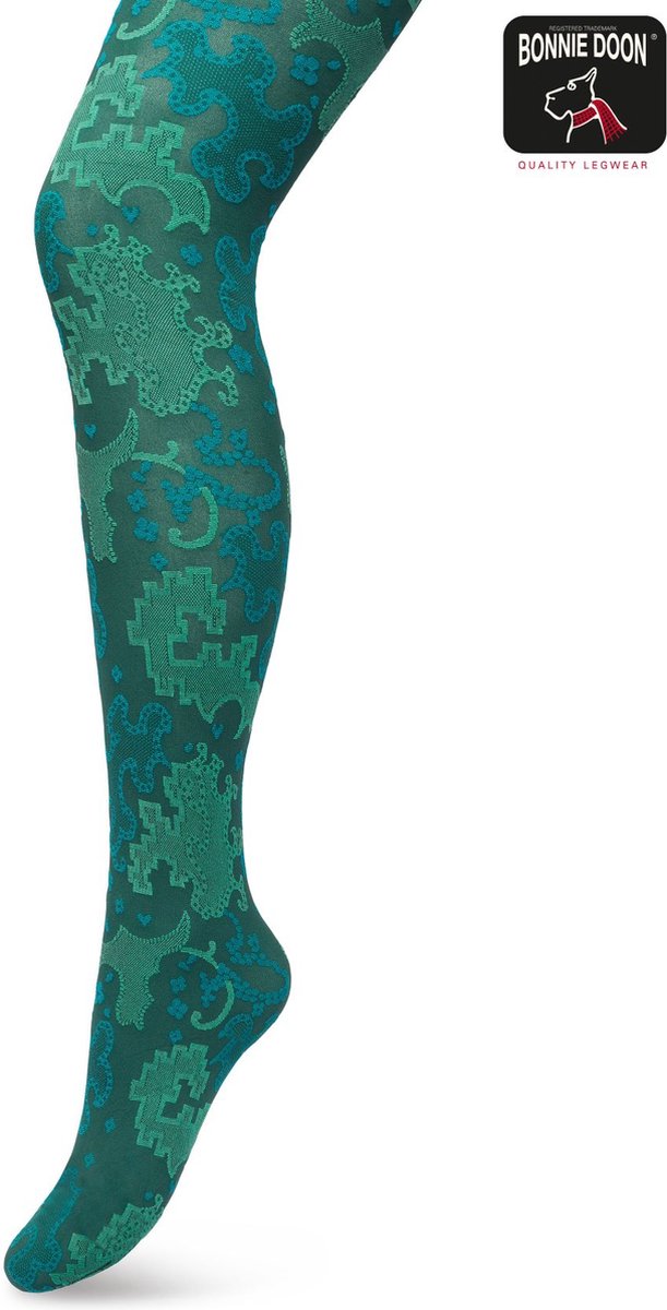 Bonnie Doon Grafische Panty 60 Denier Donker Groen Dames maat L/XL - Grafische Print - Gladde Naden - Maximaal Draagcomfort - Ornament Tights - Chique Panty - Feestelijk - Donkergroen - Trekking Green - BP221909.380 (8717394472277)