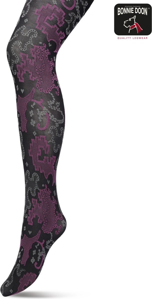 Bonnie Doon Grafische Panty 60 Denier Zwart Dames maat L/XL - Grafische Print - Gladde Naden - Maximaal Draagcomfort - Ornament Tights - Chique Panty - Feestelijk - Black - BP221909.101 (8717394472215)