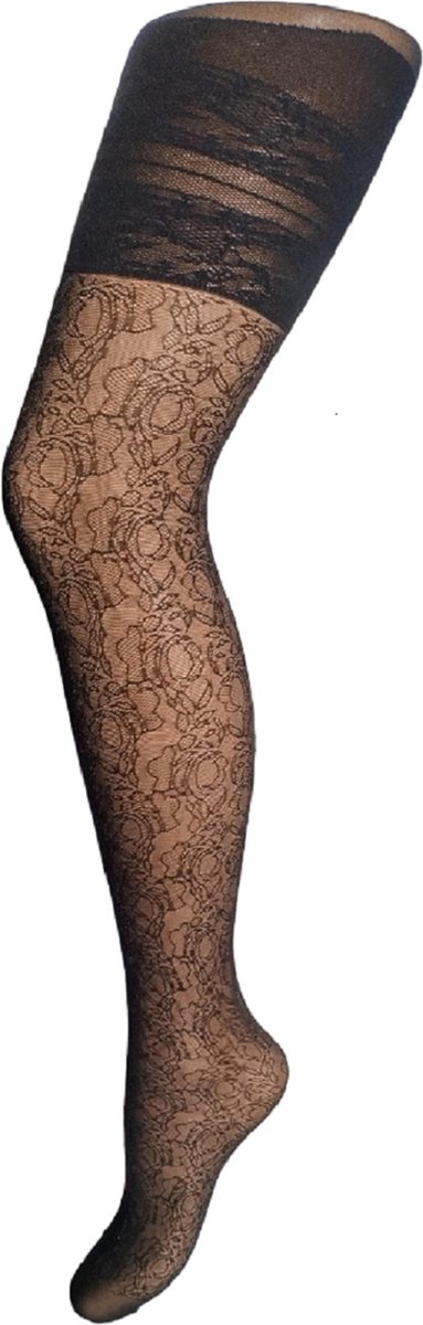 Bonnie Doon Grote Maten Kant in Bloemen Motief Panty Flower Lace Curvy Tights Zwart maat 52/54 4XL - Versteviging bovenbeen - Katoenen kruisje - Elegant voor Maatje meer - Kant in Bloem motief - Comfortabele Pasvorm - Black - BP241905.101 (8717394004638)
