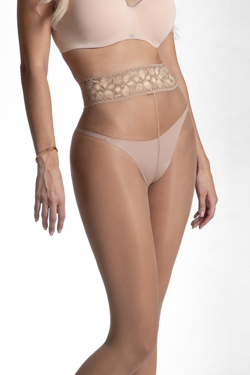 Dunne Luxe Panty - Beige met Kant - 15 Denier - Maat: S - Model: Lux Lace - Merk: Amour (5905679299623)
