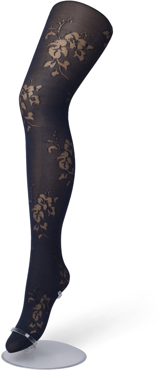 Bonnie Doon Panty 30 Denier met Transparant Bloemen Motief Zwart maat L/XL 40/44 - Rozen Patroon - Bredere boord minder aftekening - Chique - Casual panty - Dames Panty Zwart - 30 Denier - Draagbaar - feestelijk -Bloemen Print - Black - BP201904.101 (8717394441181)