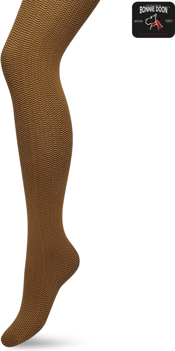 Bonnie Doon Dames Herringbone Panty 100 Denier Bruin/Oranje maat S/M - Chique Panty - Streepjes Dessin - Brede Boord - Comfort - Herringbone Print - Gestreept - Little Herringbone Tights - Feestelijk - Sudan Brown - BP211908.367 (8717394456383)
