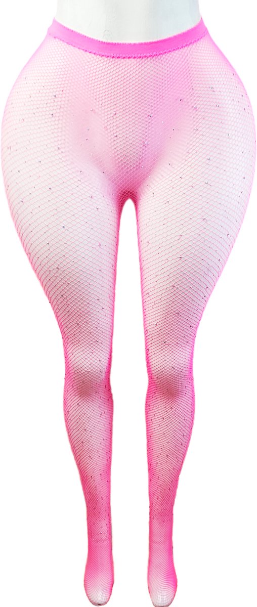 BamBella ® - Panty -Onesize - gaas grote gaten maillot dunne pantys Dames - Onesize - lingerie van kant roze met steentjes (8721017931591)