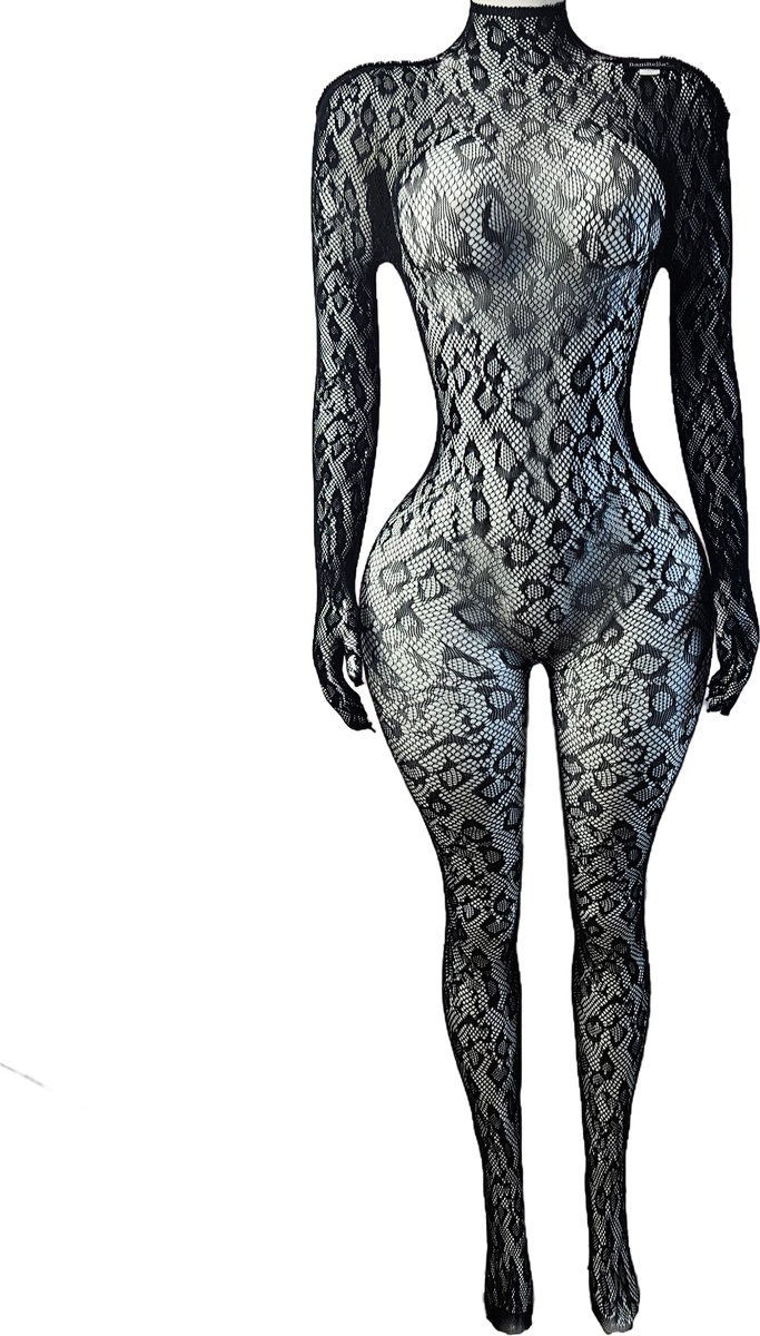 BamBella ® - Panty pak -Onesize - body suit - Dames - Onesize - Erotische jumpsuit van kant lingerie Zwart met handschoenen lange mouwen panterprint (8721017929239)