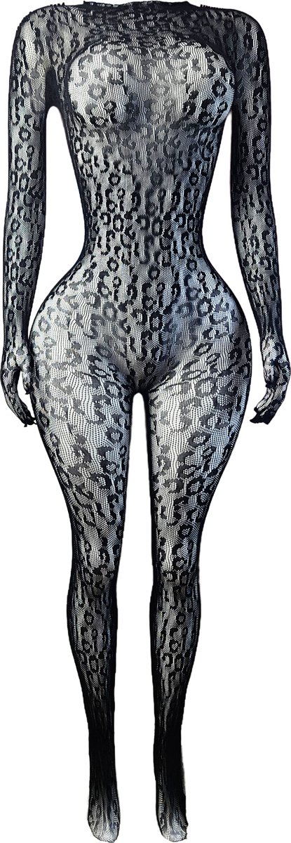 BamBella ® - Panty pak -Onesize - body suit - Dames - Onesize - Erotische jumpsuit van kant lingerie zwart panterprint handschoenen lange mouwen (8721017929246)