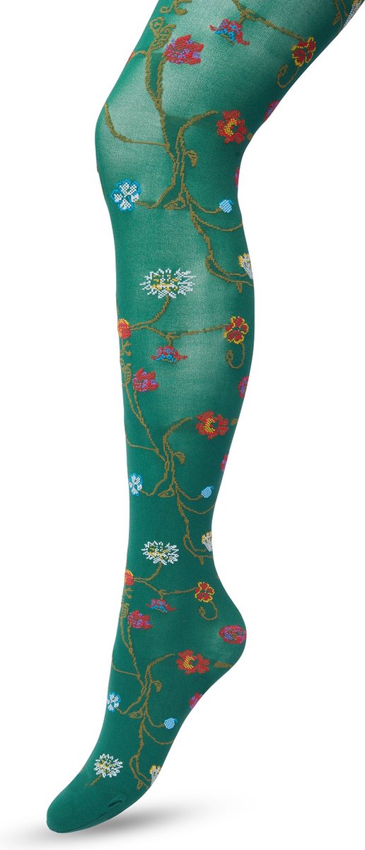 Bonnie Doon Bloemen Panty 80 Denier Donker Groen Dames maat L/XL - Bloemen Print - Gladde Naden - Maximaal Draagcomfort - Floral Tights - Chique Panty - Feestelijk - Gebloemd - Kleurrijk - Bloemenprint - Donkergroen - Trekking Green - BP221906.380 (8717394466245)