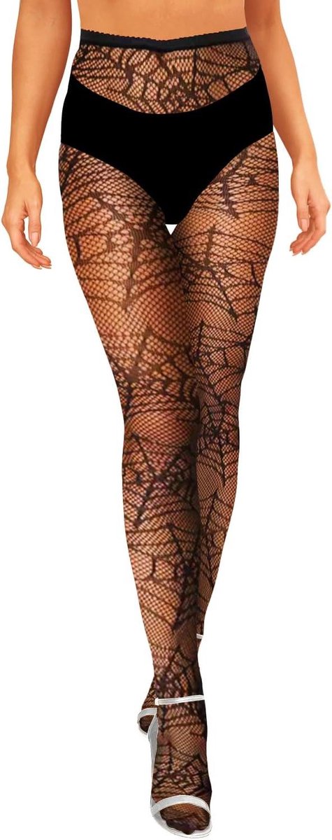 Vlammenpatroon Gothic panty met Fencenet voor dames - Zwarte netkousen met bloemenpatroon (8785344302707)