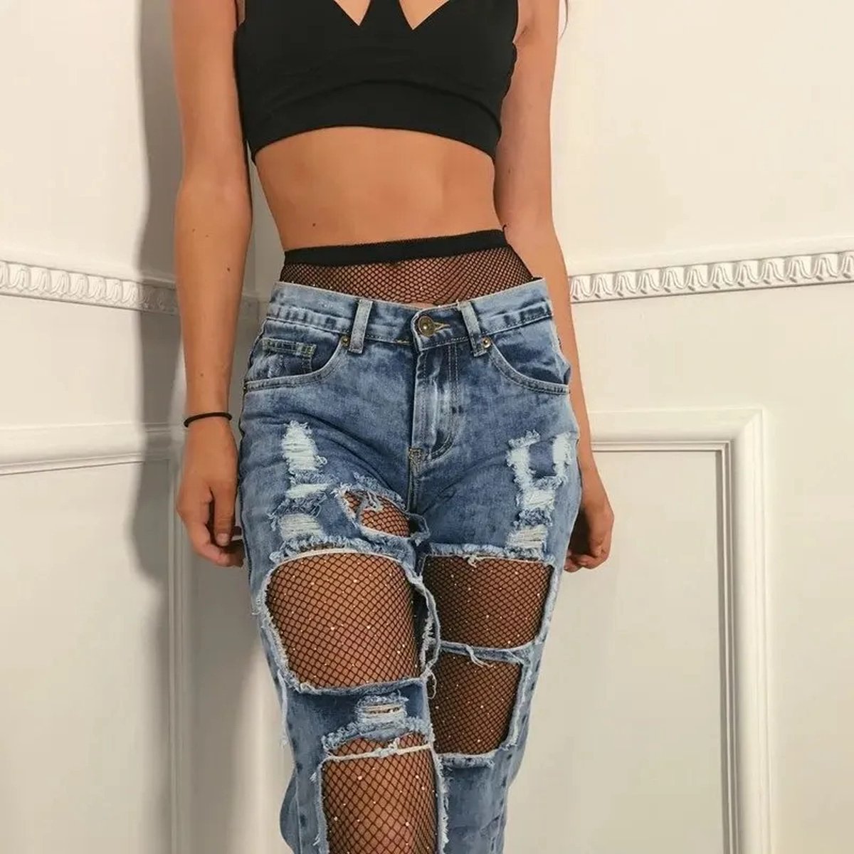 Visnet Glitter Panty met Stenen - Fishnet Panty with Glitter Stones - Festival Panty - Licht Bruin/Beige - One Size (6151113415466)