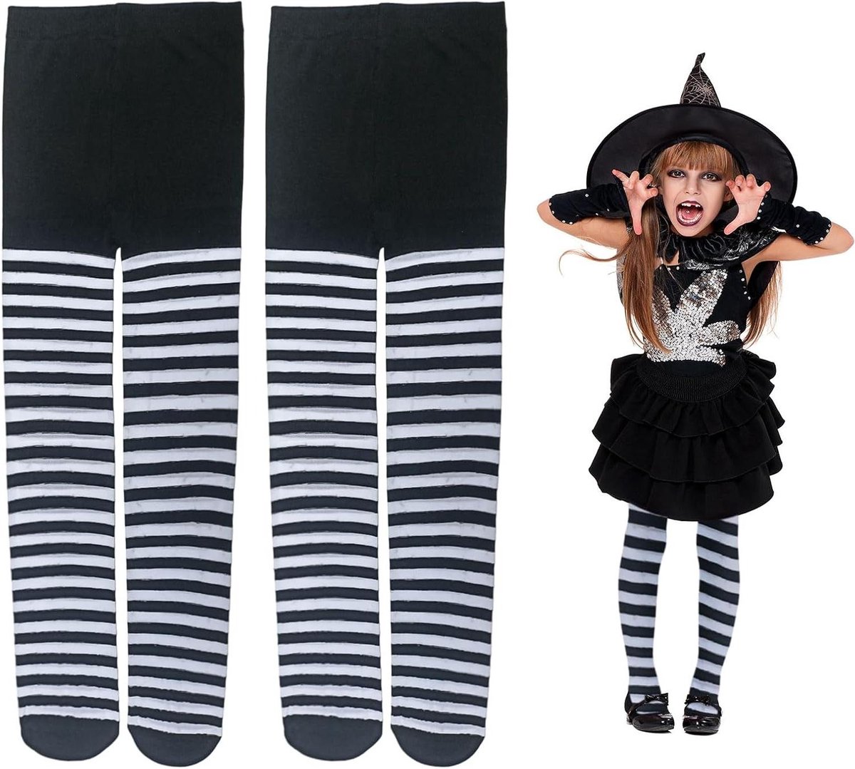 Allecto plus - Kinderpanty's 2-pack voor meisjes en jongens - gestreept wit en zwart - Halloween, cosplay, carnaval - feestelijke panty's met strepen (8785346899663)
