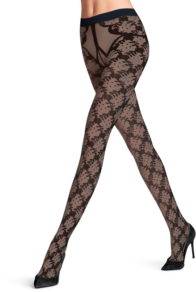 FALKE Floral Shower gedessineerd materiaal transparent 20 DEN panty dames zwart - maat S-M (4067112422379)