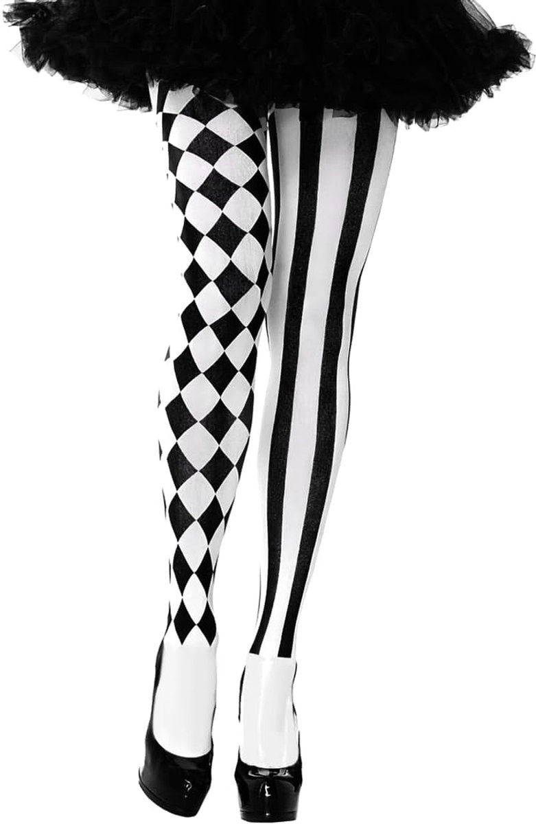 Zwarte panty voor vrouwen - carnaval - themafeest - Halloween - zwart-wit dambord - één maat (6153345427446)