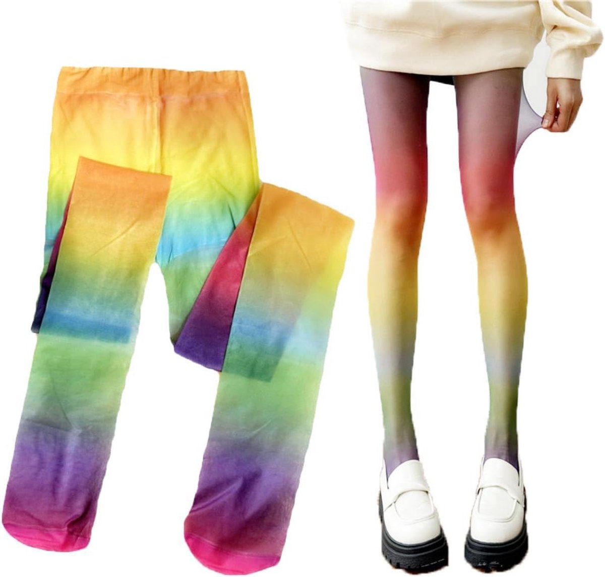 Regenboog gestreepte panty met kleurverloop en neon lijn - Voor carnaval en cosplay - Dames maat S/M/L/XL (8763216919970)