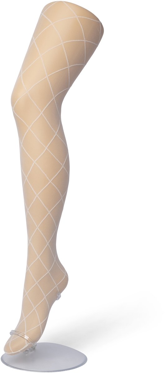 Bonnie Doon Dames Ruiten Panty 30 Denier Off White maat L/XL - Chique Panty - Ruit Dessin - Brede Boord - Comfort - Ruitjes - Diamant - Geruite Print - Rhombus Tights - Feestelijk - Gebroken Wit - Ecru - Crème - Ivory - BP201911.250 (8717394440580)