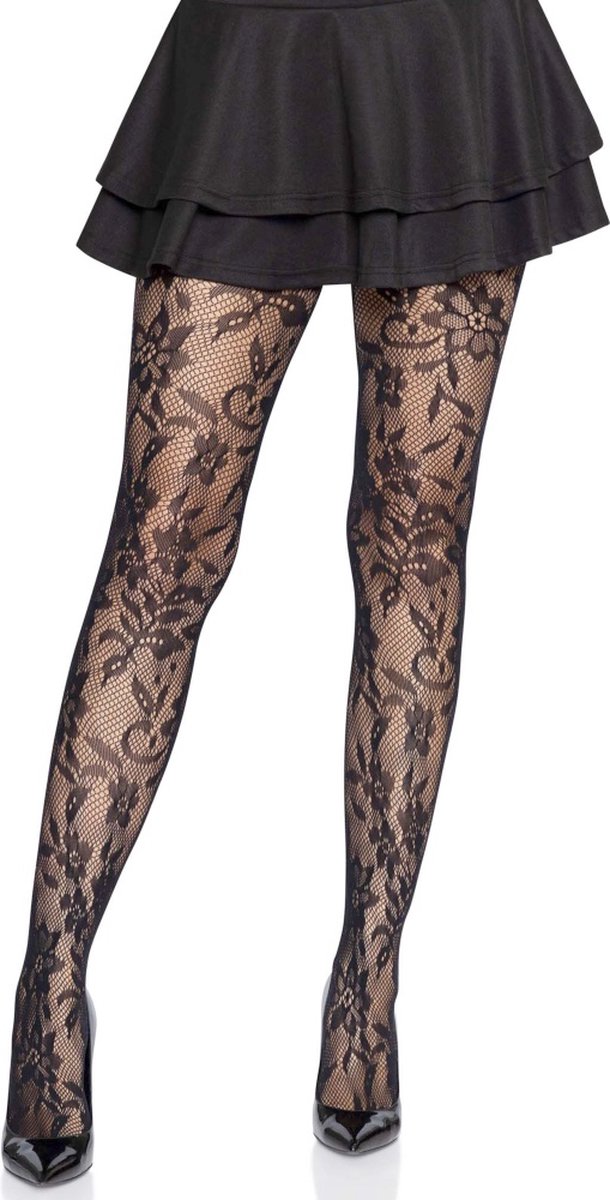 Leg Avenue - Seamless Floral Lace Net panty - Zwart (0714718566115)