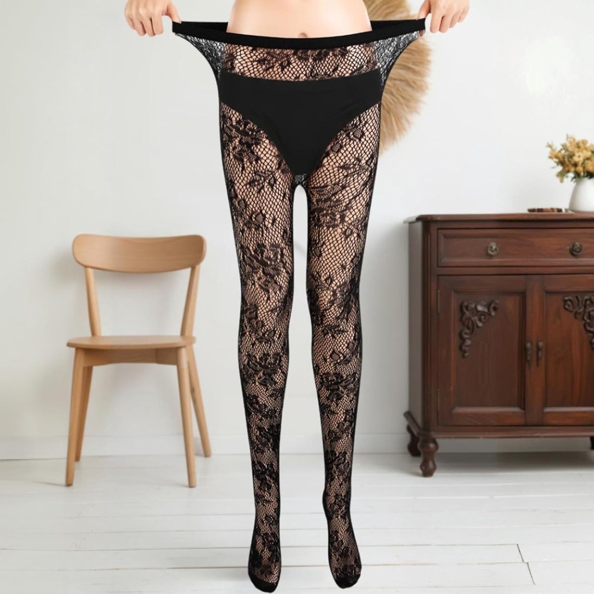 2 Paar Zwarte Kanten Panty's met Bloemmotief - Transparante Hoge Taille Rekbare Sexy Kousen voor Vrouwen - Ideaal voor Feestjes, Cosplay en Dagelijks Gebruik (2238651719318)