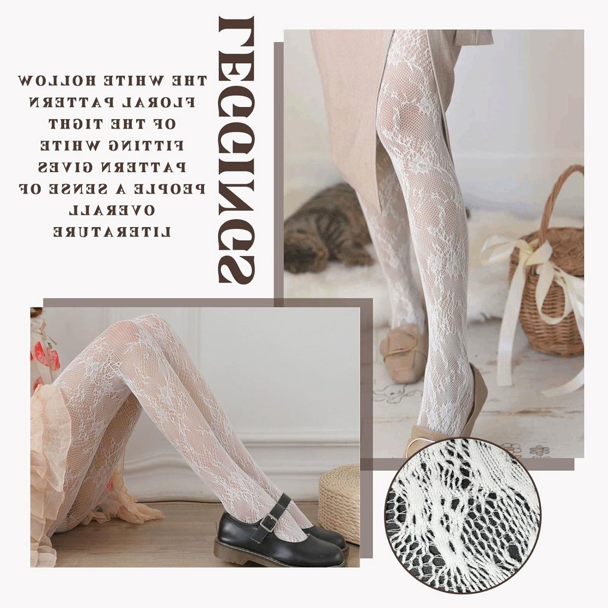 4 Paar Witte Kanten Panty's voor Vrouwen, Transparante Leggings met Bloemenpatroon, Mode Fishnet Kousen, One Size (2427301227802)