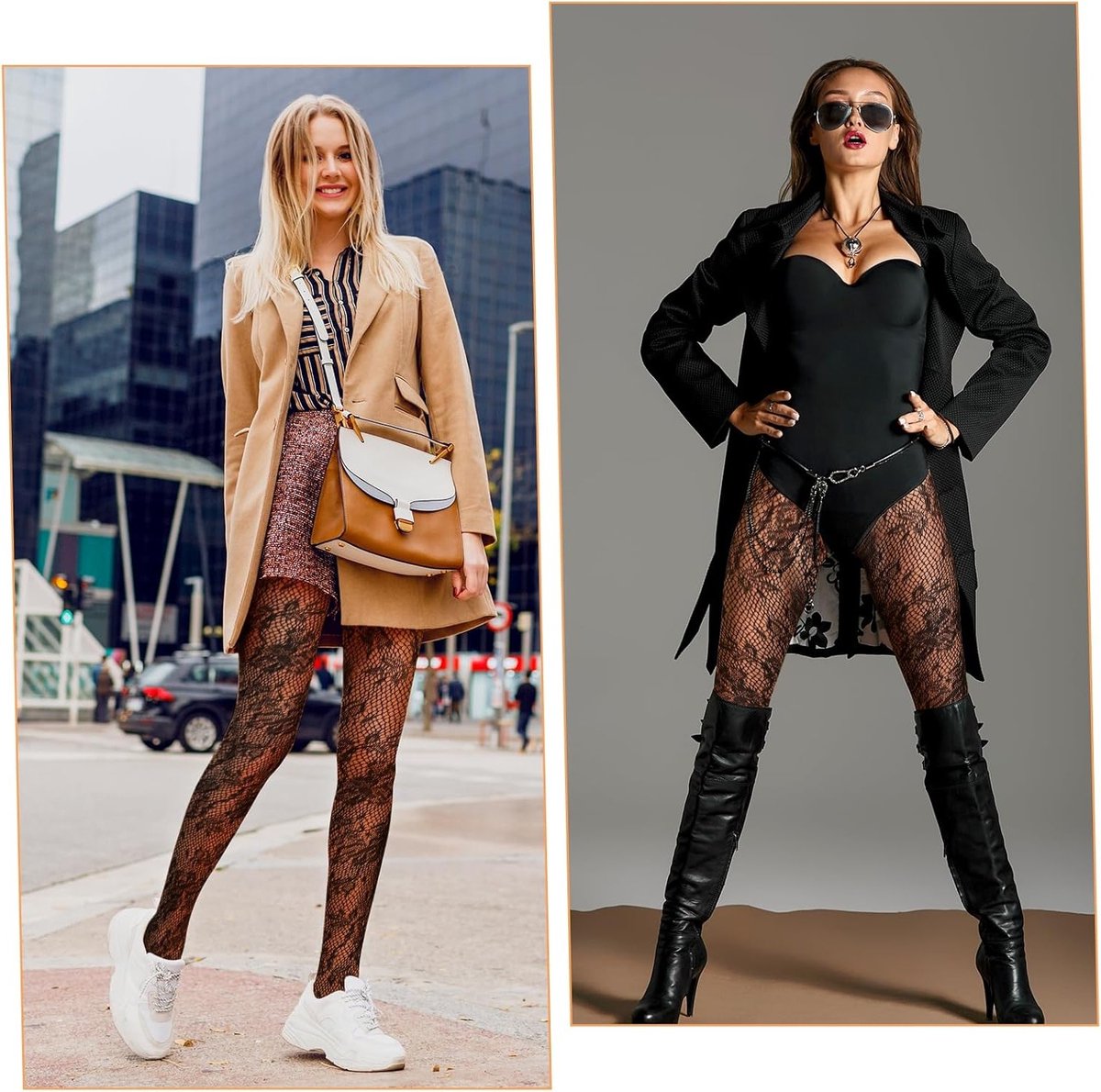 Dames panty met bloemenkant en visnetpatroon, witte stippen en opengewerkt design, elegante lolita stijl, zwart en wit, maat 72-74 (2158404942650)