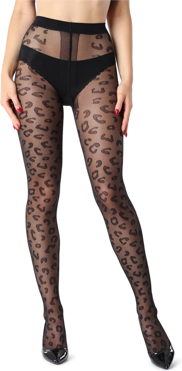 Merry Style Dames Panty - 20 DEN - Polyamide - Brede Tailleband - met Luipaardmotief - MS-GI-Leo20 - Zwart - L (4061692618245)