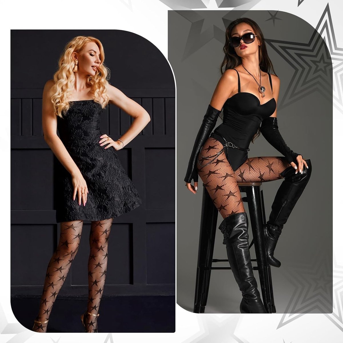 Zwarte Visnet Panty met Sterrenpatroon voor Dames - Hoge Taille, Elastisch, Perfect voor Halloween en Cosplay Accessoires (2158407041657)
