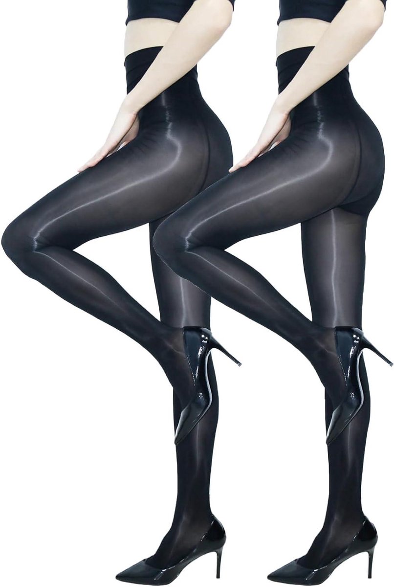 Glanzende dames panty's, sexy en scheurvast, hoge taille, olieachtige zijden look, fijne panty's, grote maten, 2 paar. (6153014526593)