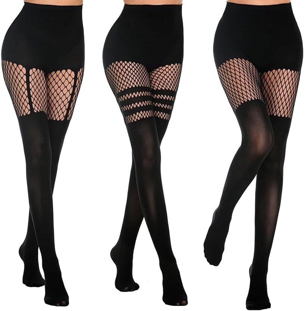 Dailygoods- Panty's 3 paar - Zwarte ondoorzichtige/kousen met netpatroon - Hoge taille - Sexy design - Voor dagelijks gebruik - Inclusief kabelbinders en gespen (2031655467618)