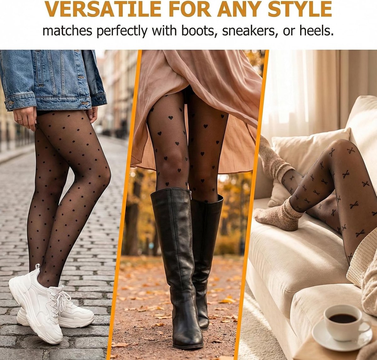 SnelShoppen - Dames Patroon Panty set van 3 Stuks - Hoge Taille Zwart - Dots, Harten en Strikken - Nylon Tights voor Werk, Feest en Dagelijks Gebruik (2573004749452)