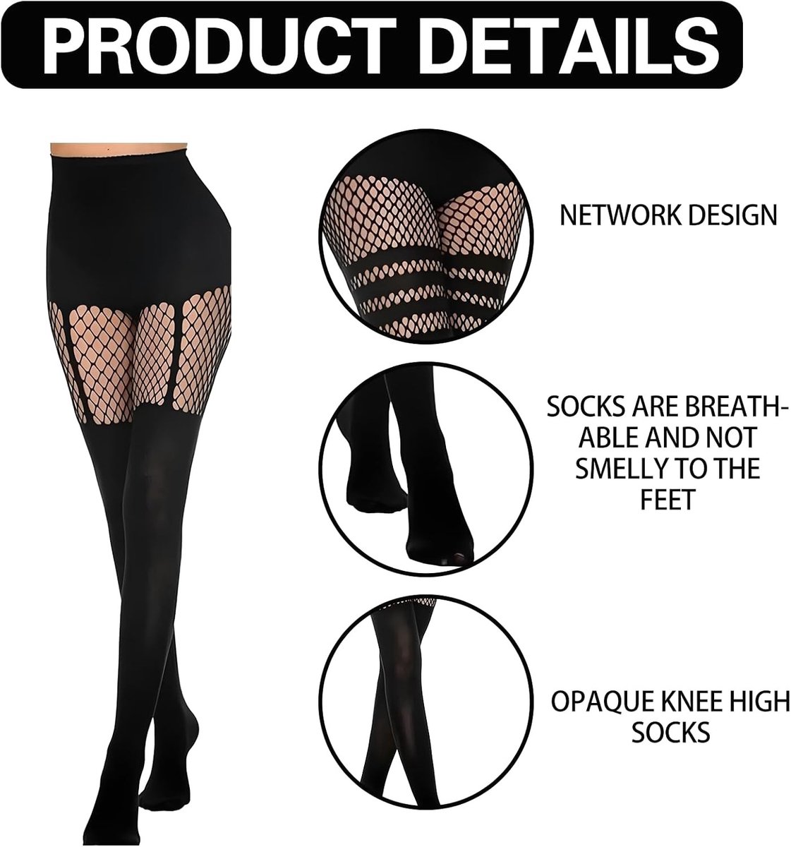 Zwarte Visnet Panty's voor Dames met Overknee Patroon - Rekbare Opaque Kousen voor Feest, Halloween en Cosplay (3300933130414)