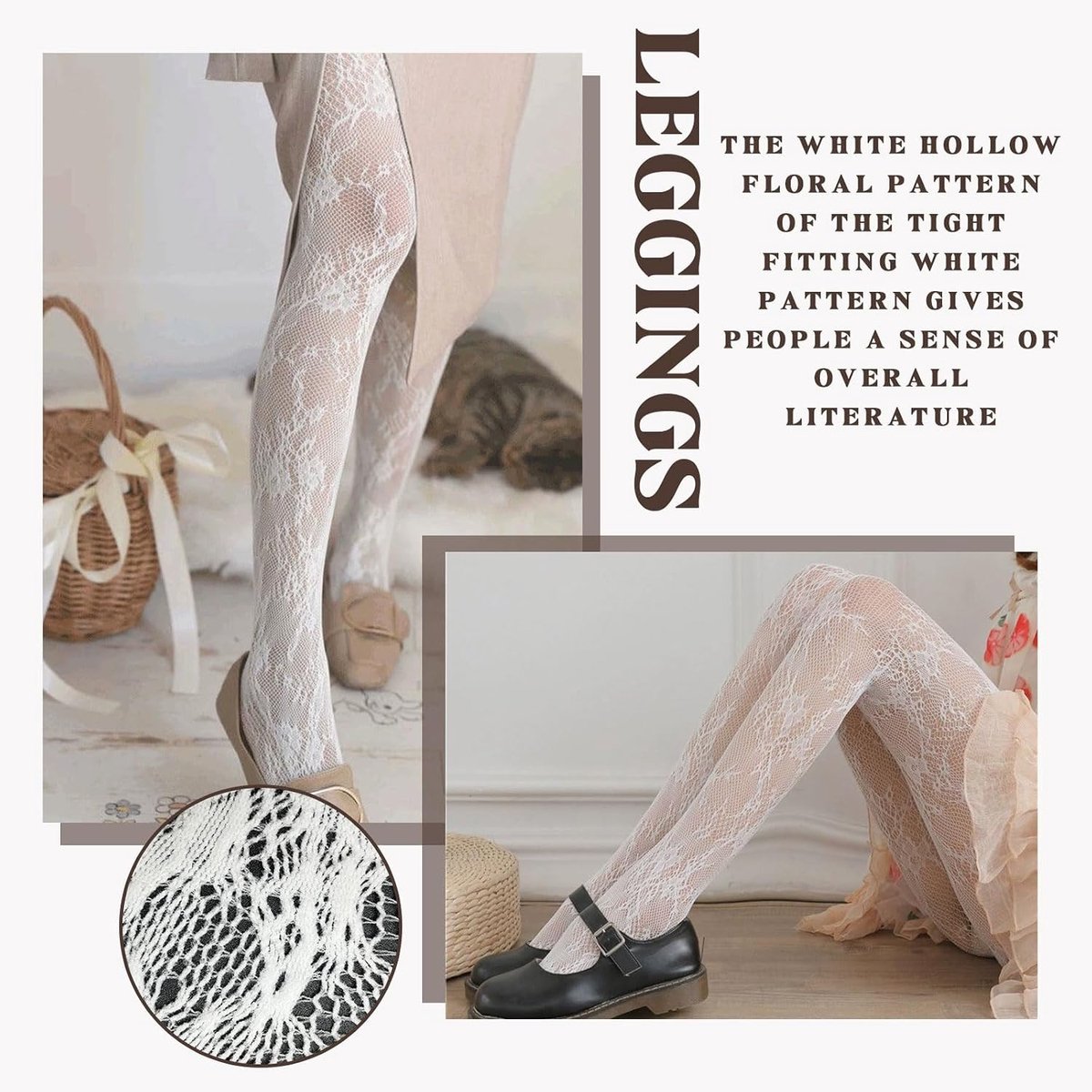 4 Pairs Witte Kanten Panty Kousen voor Dames, Transparante en Bloemige Visnet Kousen, Modieuze Hollandsche Tights in Één Maat (3458034346897)