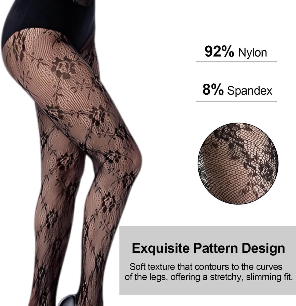 Elegante Bloemenpatroon Panty's voor Dames, Hoge Taille Visnetpanty in Zwart, Comfortabel en Stijlvol (3424028681527)