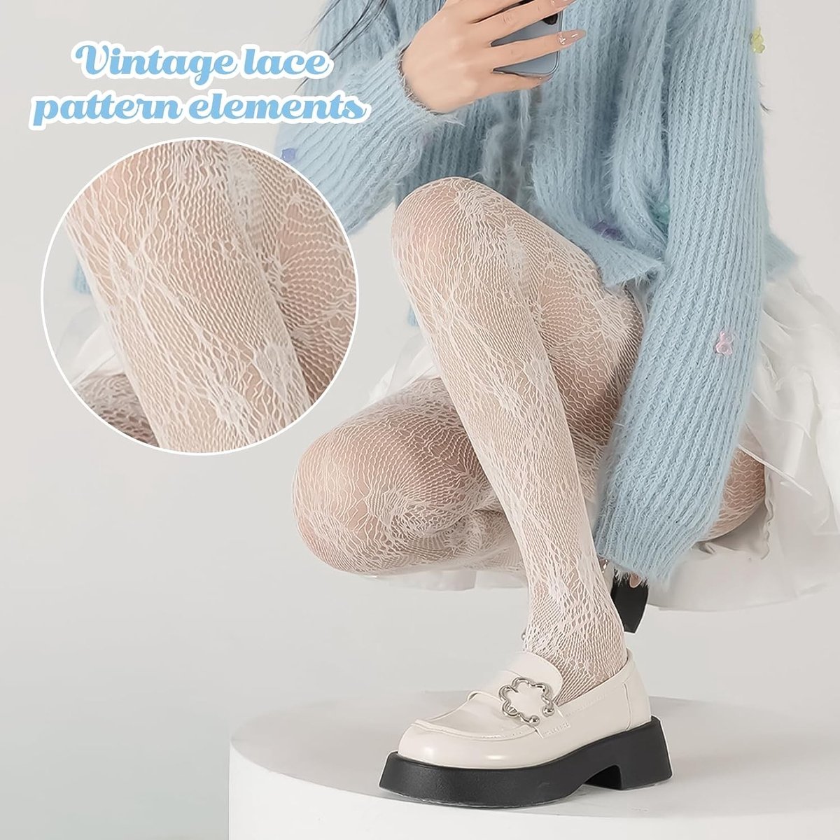 Elegante witte panty met bloemenpatroon en kant voor dames - Perfect voor Lolita-stijl, visnetlook en feestoutfits (3503073403619)