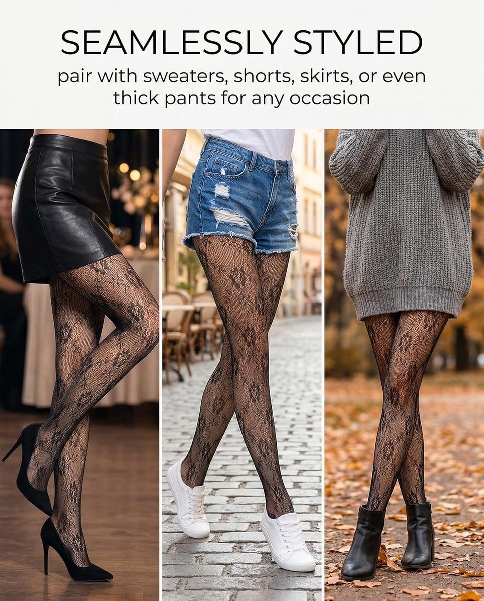 Modieuze netpanty's voor dames in zwart met kanten patroon - 2 paar comfortabele en stijlvolle panty's (3576164469108)