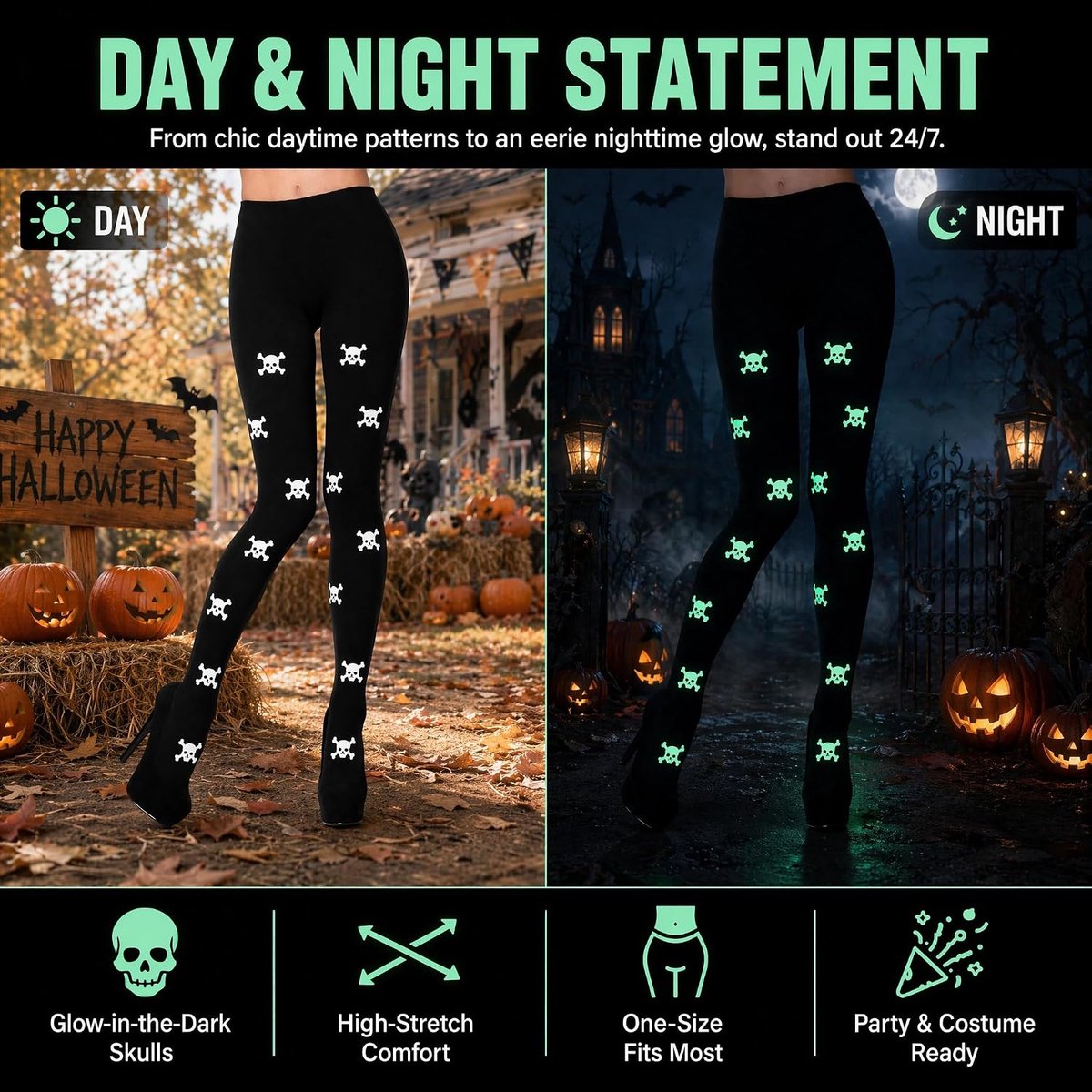 Panty dames spin / vleermuis / skelet patroon fluorescerend (2444354418179)