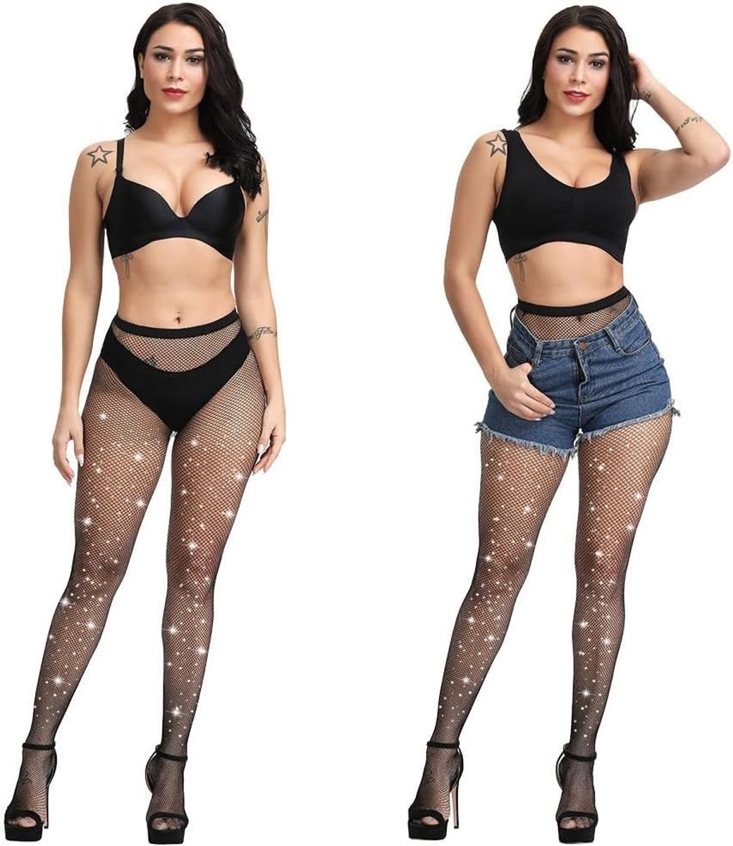 Panty's, Glinsterende Visnetkousen met Gekleurde Diamant voor Vrouwen, Sexy Hoge Taille Glinsterende Fijne Mesh Kousen, Strass Panty's Mesh Glinsterende Panty's Vrouwen (2524809657404)